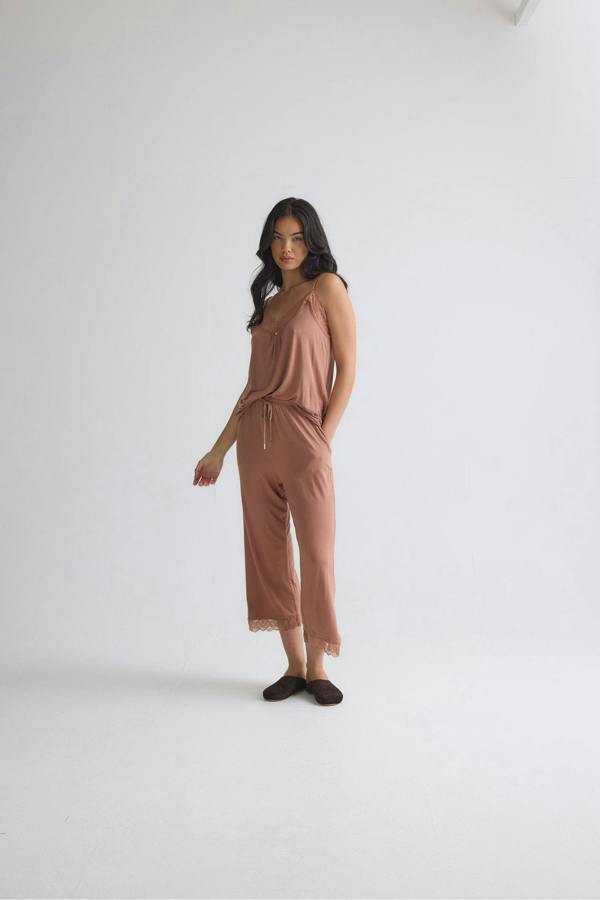 Pretty You London Bamboo Lace Cami Cropped Trouser Pyjama Set in Mocha