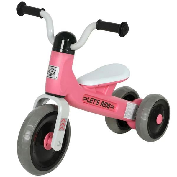 Pink toddler no-pedal balance bike with training wheels and padded seat