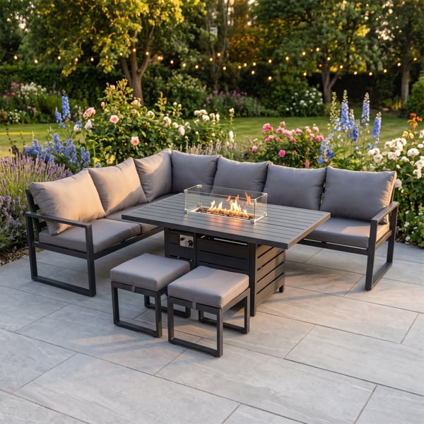 Fimous Aluminium Patio Outdoor Garden Furniture Corner Sofa Set Gas Fire Pit Dining Table with 2 Small Footstools Dark Grey