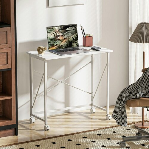 Wyld Haus Romira 80cm Metal White Folding Desk Lockable Wheels