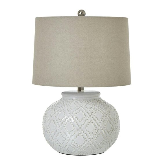 Wyld Haus Lautrec Geometric Dot White Ceramic Lamp With Cream Linen Shade