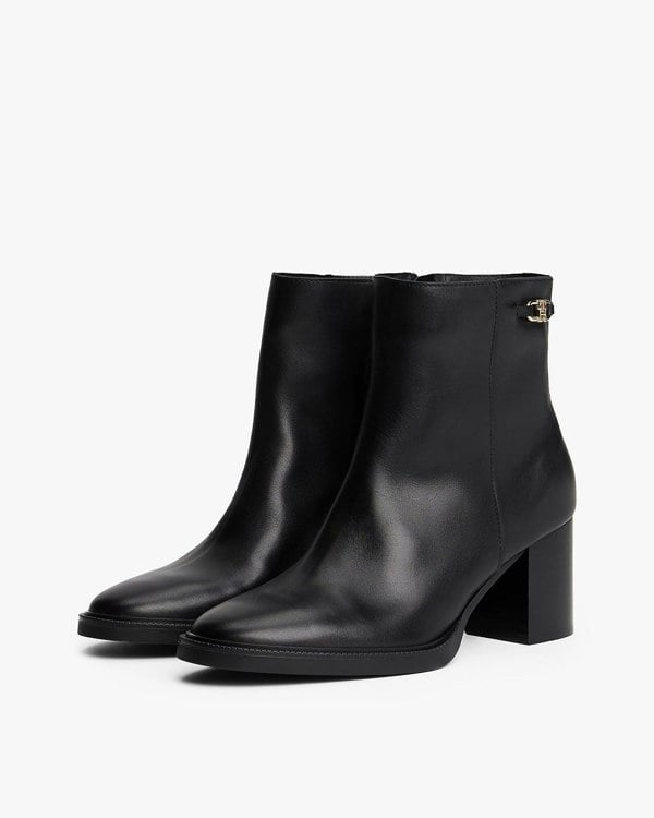 Tommy Hilfiger Stacked Heel Leather Womens Ankle Boots - Black