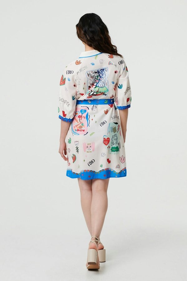 White | Abstract Tie Waist 3/4 Sleeve Shirt Mini Dress
