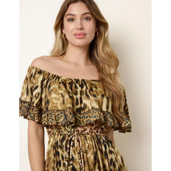 Blue Vanilla Animal Print Off The Shoulder Maxi Tiered Dress