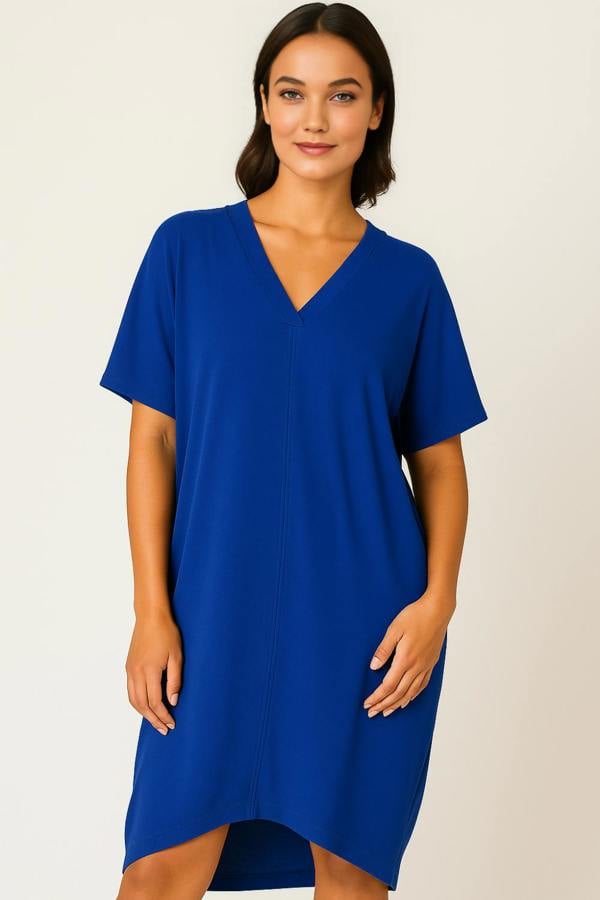 Hoxton Gal Relaxed Fit V-Neck Batwing Sleeve Midi Dress Kaftan Style in Royal Blue