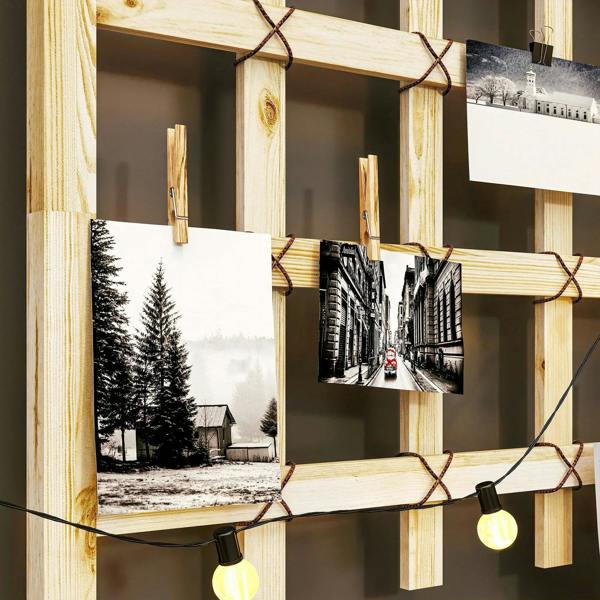 Wooden trellis lattice with rope ties on a raised planter cart.