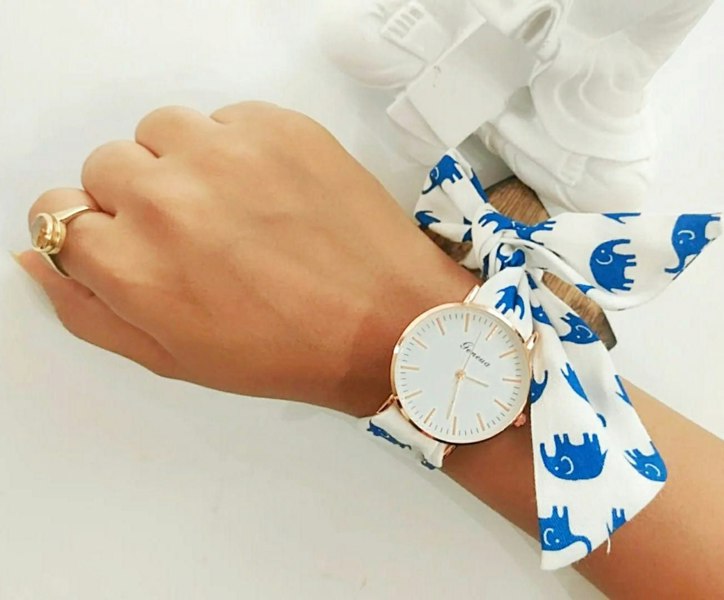 The Colourful Aura Elephant Print Changeable Fabric Cotton Tie Knot Strap Geneva Women Wristwatch