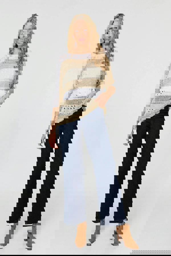 Gold | Semi Sheer Mesh 3/4 Sleeve Knit Top