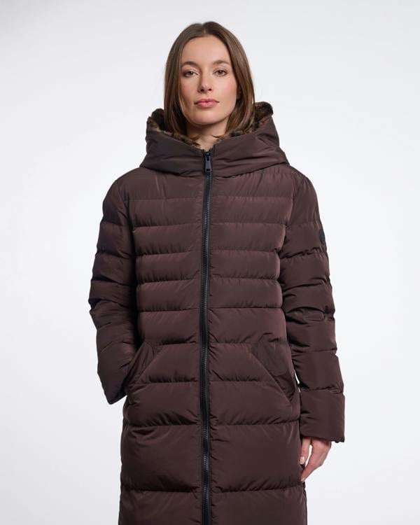 Rino & Pelle Keilafur Womens Long Padded Hooded Coat - Peated Brown Leopard | CHO | Designer Womens Padded Coat