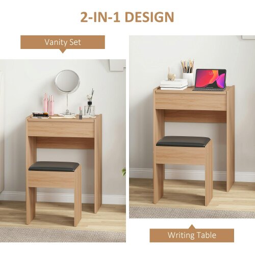 Wyld Haus Nolena Natural Wood Vanity Desk With Flip Mirror Cushioned Stool And Storage