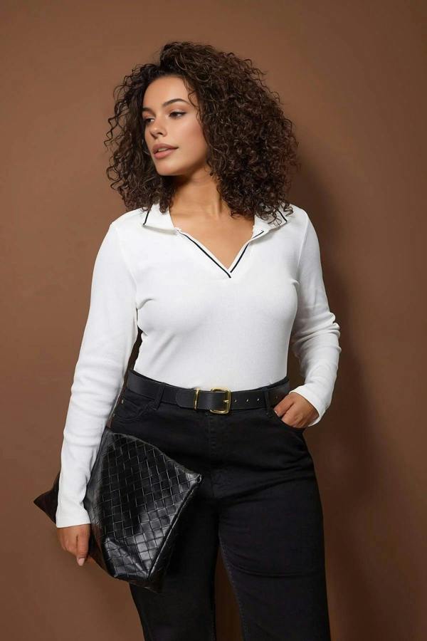 WOVCOR Knitted Collar Detail Fitted Ribbed Stretch Knit Blouse