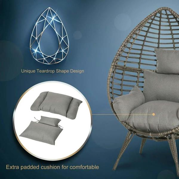 Teardrop wicker chair with grey extra-padded cushions and back pillow
