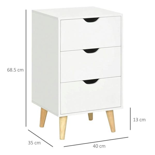 White bedside cabinet with 3 drawers, black pulls, and pine tapered legs