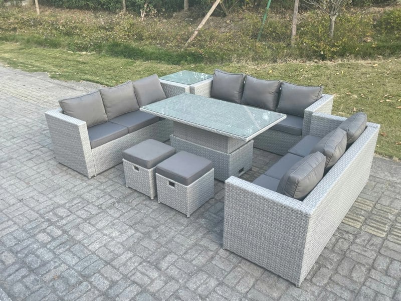 Fimous U Shape Lounge Rattan Garden Furniture Set Adjustable Rising Lifting Table Dining Set With Side Coffee Tea Table Stool