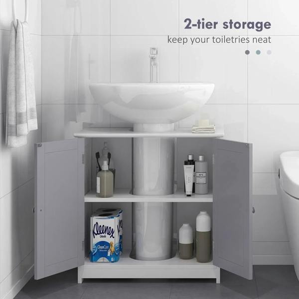 Two-tier under-sink storage cabinet with open grey compartments and white frame