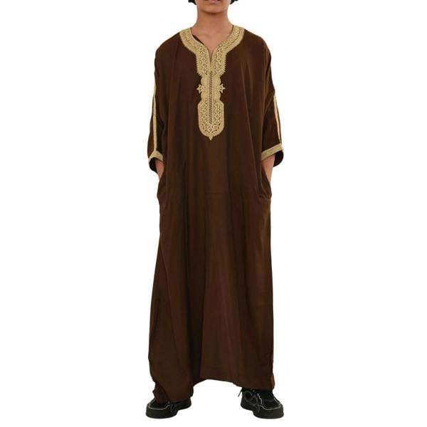 Boy's Moroccan Thobe Half Sleeve Gandoura Embroidery Kaftan - Brown Beige - Thobez - 1