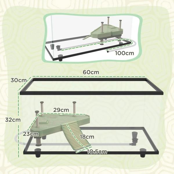Turtle tank size diagram with black frame, platform layout, and ramp measurement lines