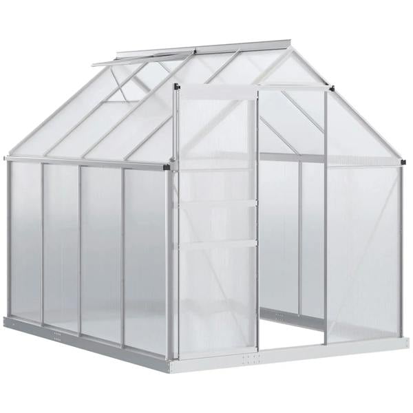 Walk-in polycarbonate greenhouse with sliding door and silver aluminum frame