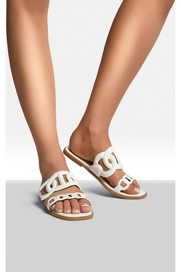 Betty Comfortable Flat Sandals With Double Leather Chain - White