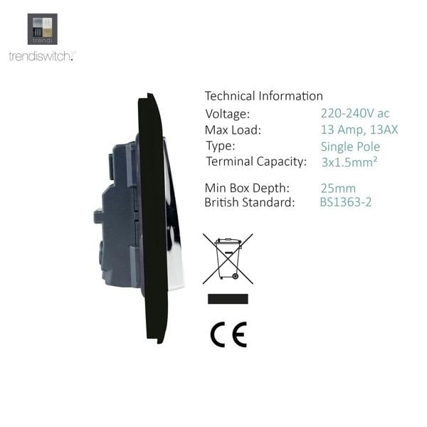 Trendi Switch 1 Gang 13 Amp Switched Plug Socket in Matt Black