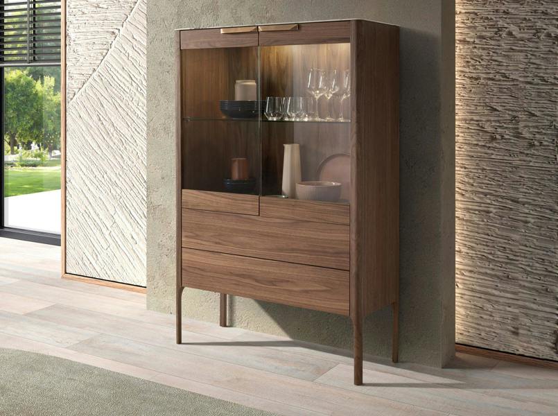 Angel Cerdá Walnut High Sideboard With Imitation Marble Glass Top and Interior Lighting 3075