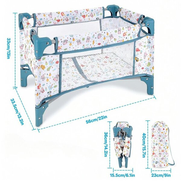 deAO Toys Foldable Baby Doll Crib with Storage Bag – Portable Mesh Doll Bed for 15–18" Dolls, Sturdy Metal Frame, Pretend Play Furniture Gift