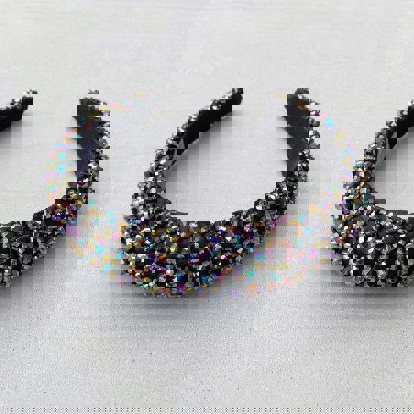 Black headband, wide band, embellished with rainbow crystals, multicolour rhinestones, sparkling beaded design, bold statement accessory, festive party headband, glamorous gift for her
