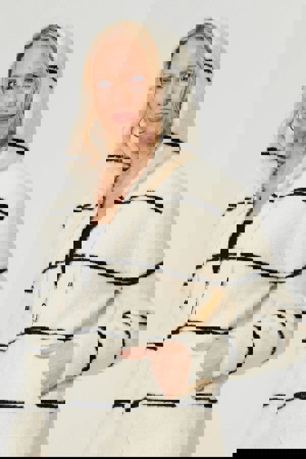 White | Stripe Print Textured Hooded Jacket
