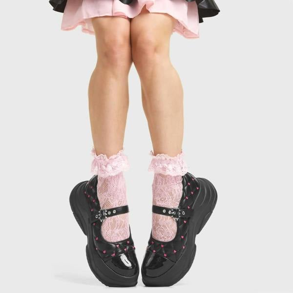 Lamoda Devotion Black PU Pink Heart Platform Boots Chunky Stylish Shoes