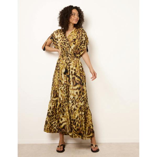 Blue Vanilla Animal Print Cross Over Channel Sleeve Kimono Maxi Dress