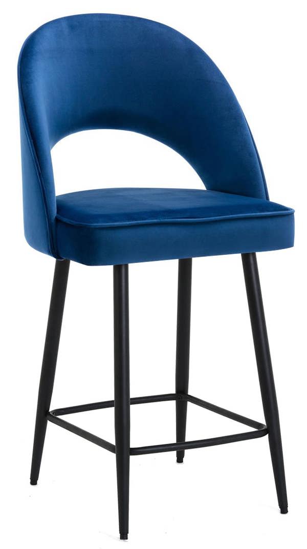 Lamboro Chelsea Velvet Bar Stool, Fixed Black Legs & Footrest, Padded Seat – Blue