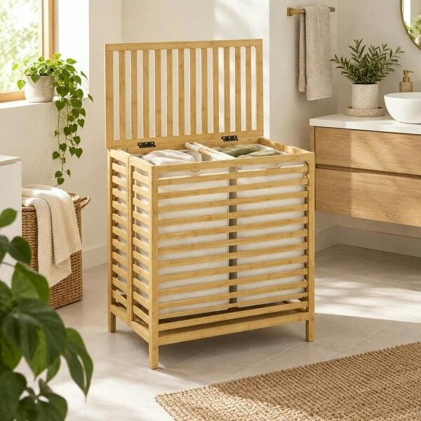 Bamboo Laundry Basket with Lid, 2 Baskets, Foldable, 64L, Natural and Cream White