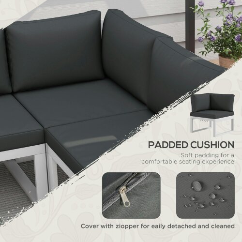 Wyld Haus Vayo Metal White Frame 5 Seater Reclining Corner Garden Sofa Set With Wood Effect Table And Grey Cushions