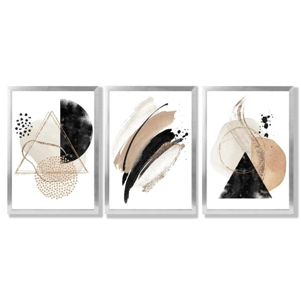 Artze Wall Art Abstract Black Beige Set of 3 Watercolour Shapes Framed Wall Art