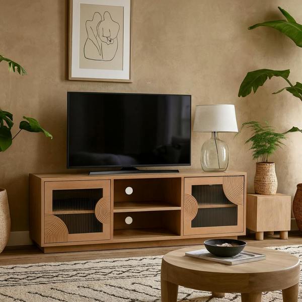 Wyld Haus New Mexico Mango Wood 2 Door TV Unit with Reeded Glass