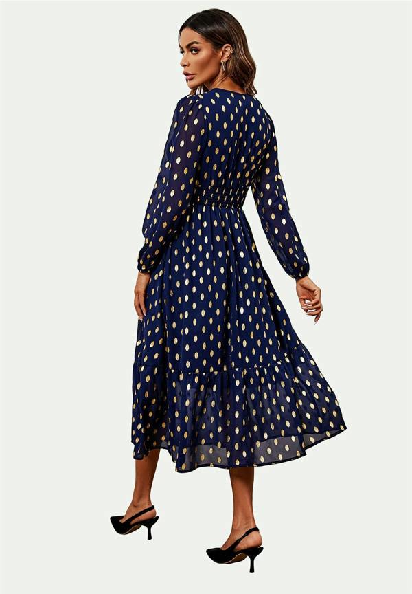 FS Collection Lace Trim Foil Long Sleeve Maxi Dress In Navy
