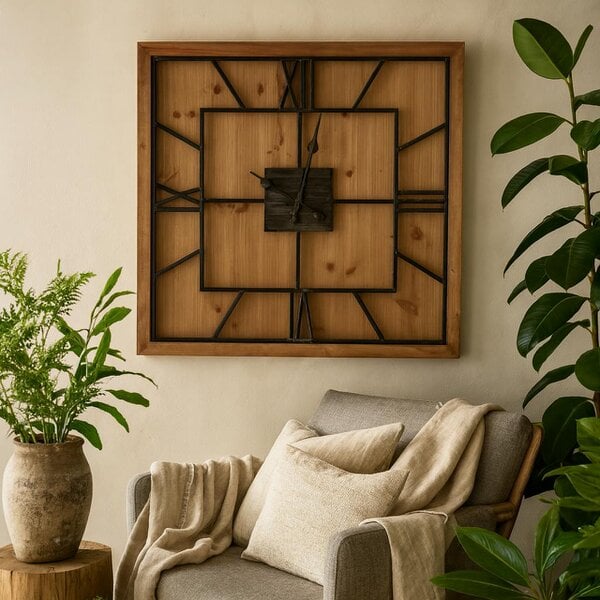 Wyld Haus Large Rustic Roman Numerals Wooden Square Wall Clock
