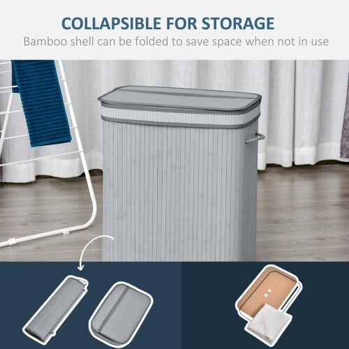 Bobobiy 100L Natural Wood Laundry Basket A Compartment with Flip Lid Removable Lining Handles Board Base Foldable Durable Water-Resistant Dirty Grey