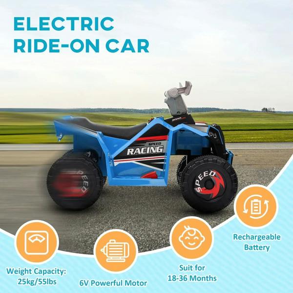 Blue ride-on quad bike with black seat and front dashboard display