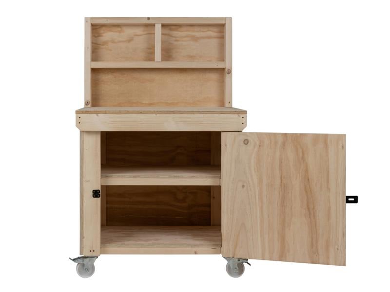 Arbor Garden Solutions Wooden Plywood Top Workbench With Lockable Cupboard (V.9) With back panel, With wheels, Double Shelf