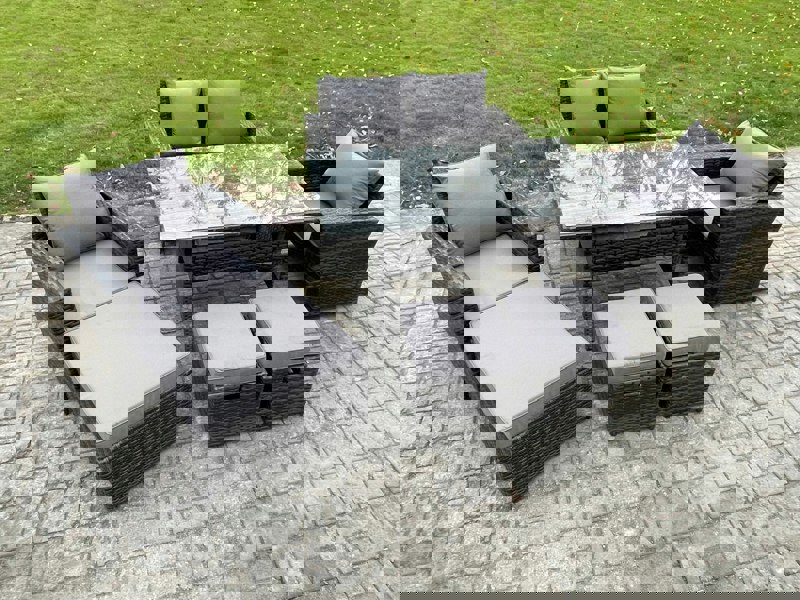 Fimous 7 Seater PE Wicker Outdoor Garden Furniture Set Patio Furniture Rattan Rectangular Dining Table Lounge Sofa with 3 Footstools