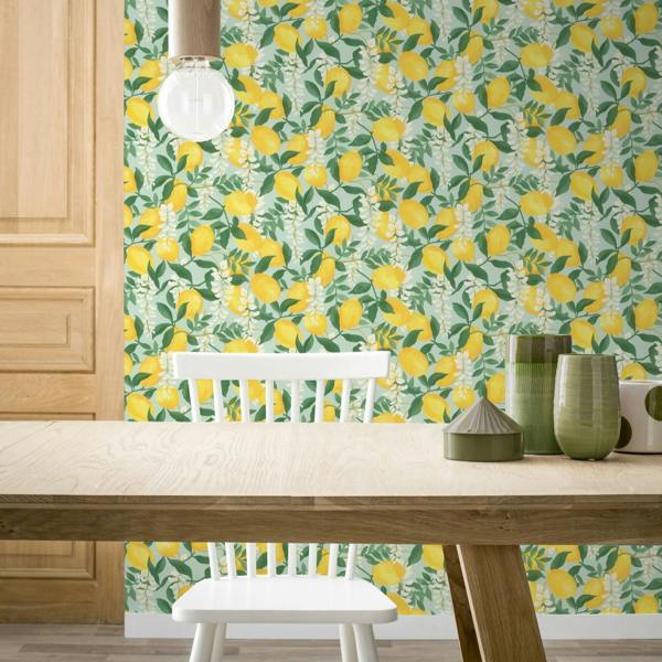 Rasch x Tesa Portofino Lemon Branches Self-Adhesive Peel & Stick Textured Wallpaper, Yellow