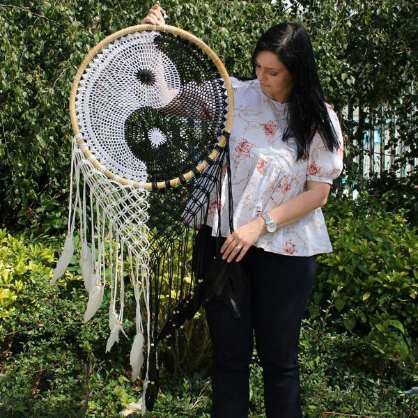 Extra large yin-yang dream catcher with black and white web, bamboo ring, layered hanging strings