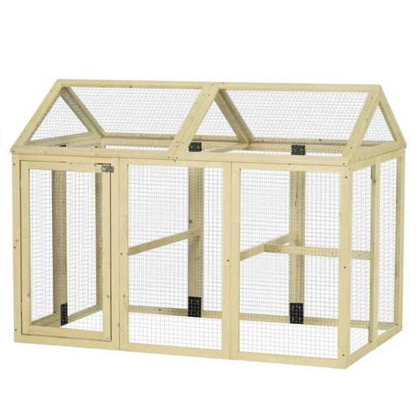 Large wooden chicken run with wire mesh panels and front access door, natural wood finish