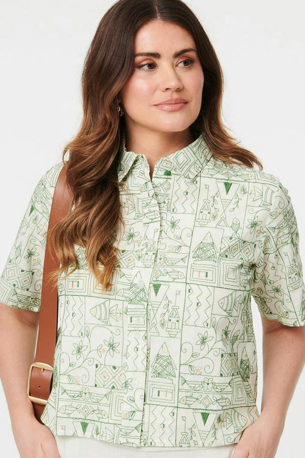 Green | Abstract Short Sleeve Cropped Shirt