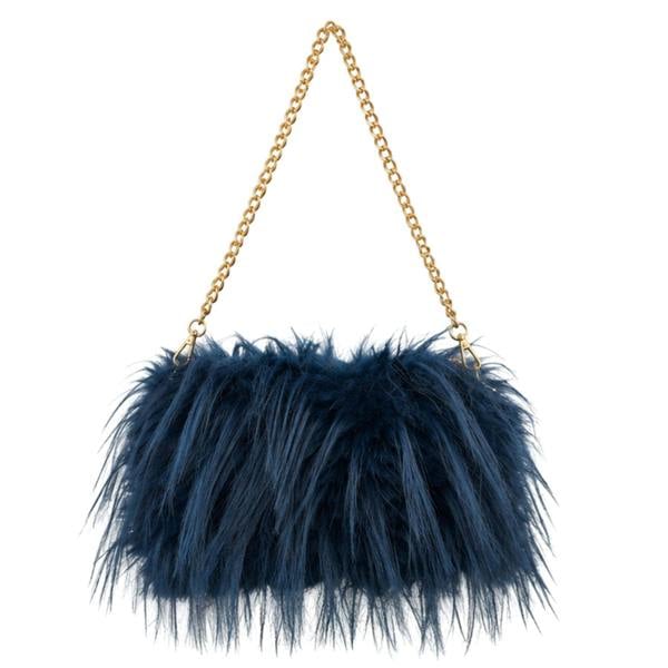 Love EMVY Ladies Fluffy Faux Fur Crossbody Shoulder Bag with Gold Chain Strap - Navy