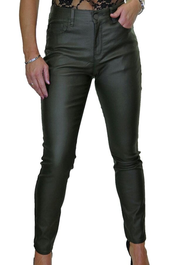 Paulo Due Womens Skinny Coated Leather Look Jeans - Dark Olive