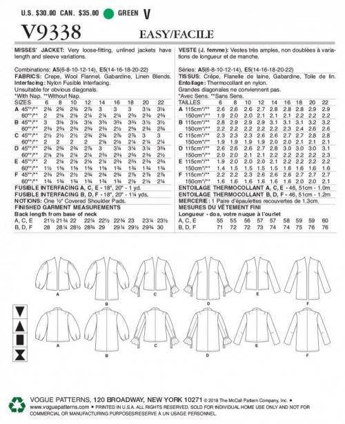 Vogue Sewing Pattern 9338, Jackets for Women, A5 (6-8-10-12-14) - Easy