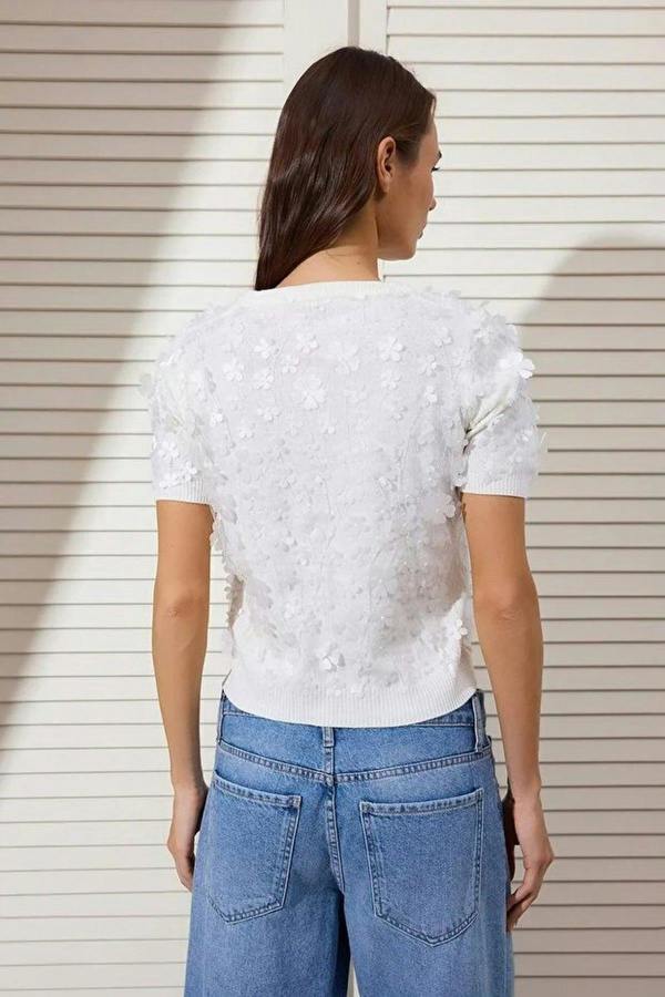 WOVCOR Three-Dimensional Flower Detail and Tulle Knitted Blouse
