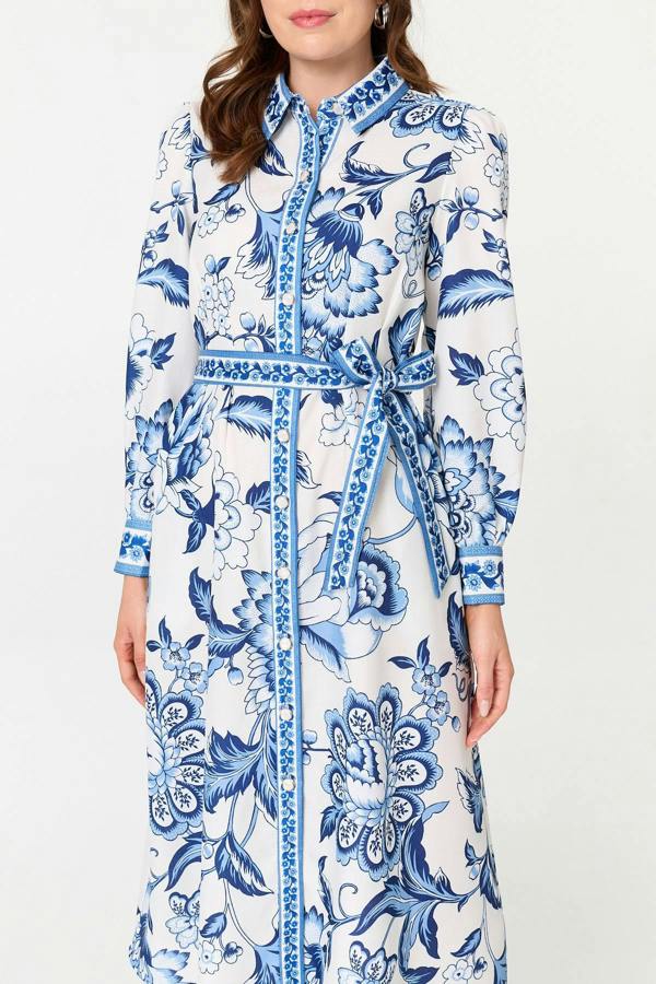Blue | Floral Print Tie Belt Midi Shirt Dress
